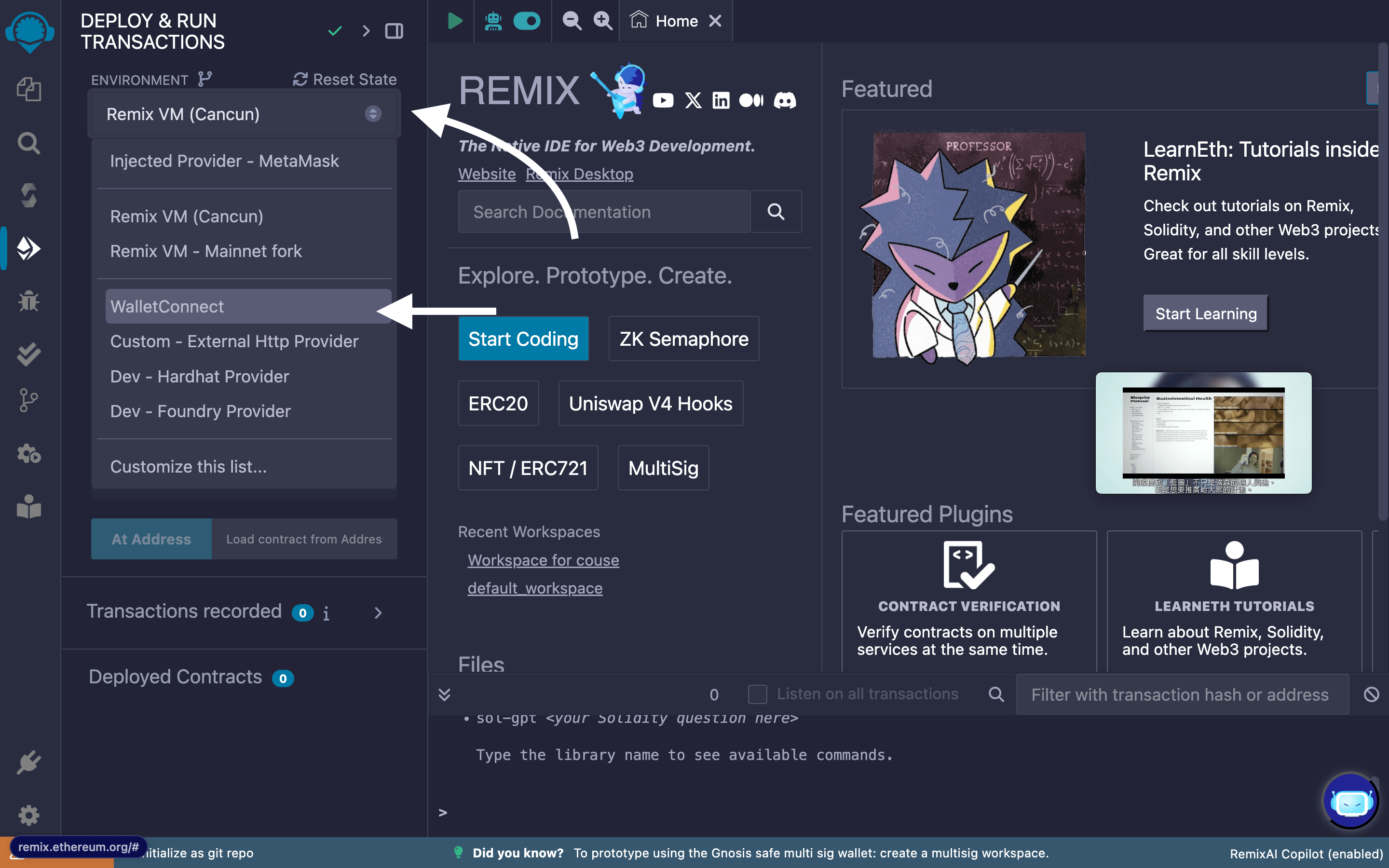在 Remix IDE 中選擇 WalletConnect